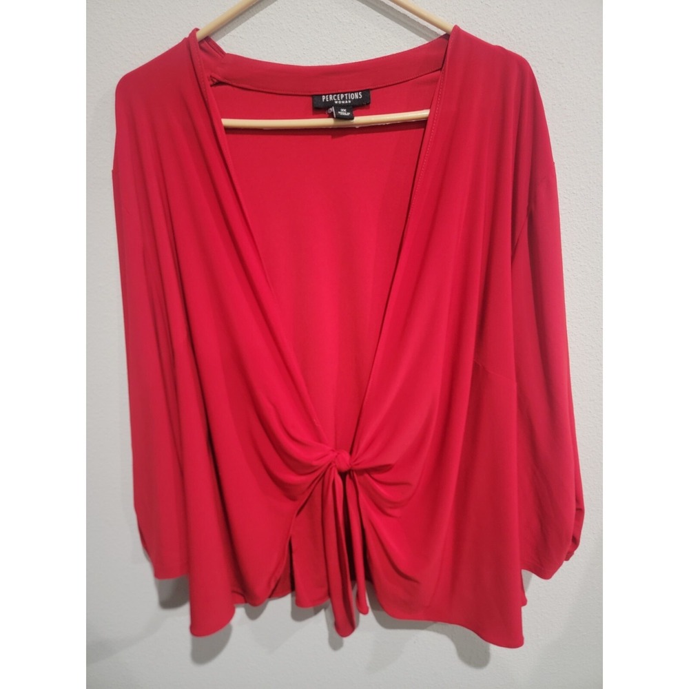 Perceptions Red Tie Front Cover Up 3/4‎ Sleeve Jacket Top Women's Plus 3X